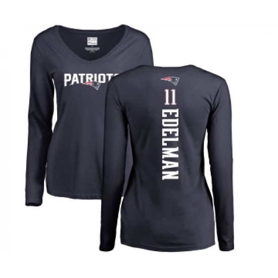 Football Women's New England Patriots #11 Julian Edelman Navy Blue Backer Slim Fit Long Sleeve T-Shirt