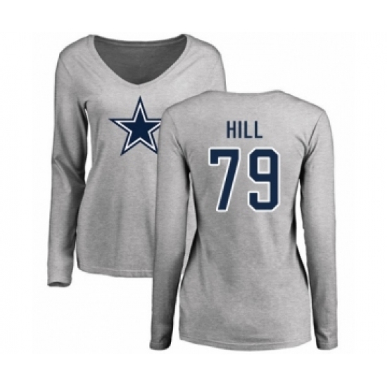 Football Women's Dallas Cowboys #79 Trysten Hill Ash Name & Number Logo Slim Fit Long Sleeve T-Shirt