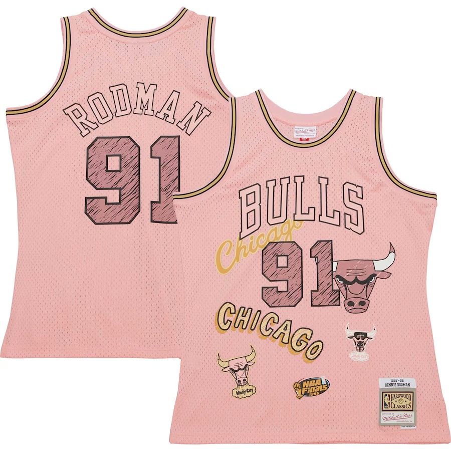 Men's Chicago Bulls Dennis Rodman Mitchell & Ness Pink 1997/98 Swingman Sidewalk Sketch Jersey