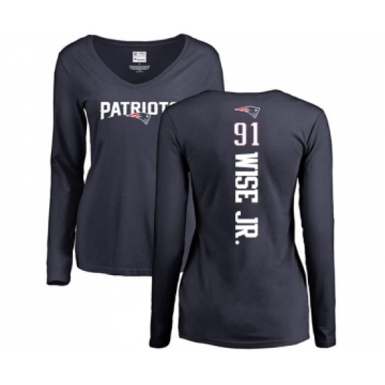 Football Women's New England Patriots #91 Deatrich Wise Jr Navy Blue Backer Slim Fit Long Sleeve T-Shirt