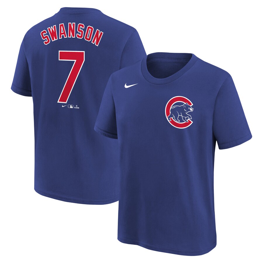 Youth Chicago Cubs Dansby Swanson Nike Royal Home Player Name & Number T-Shirt