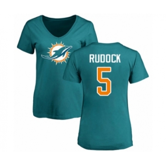Football Women's Miami Dolphins #5 Jake Rudock Aqua Green Name & Number Logo T-Shirt