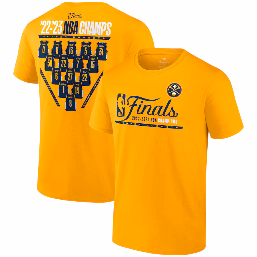 Men's Denver Nuggets  Fanatics Gold 2023 NBA Finals Champions Close Out Jersey Roster T-Shirt