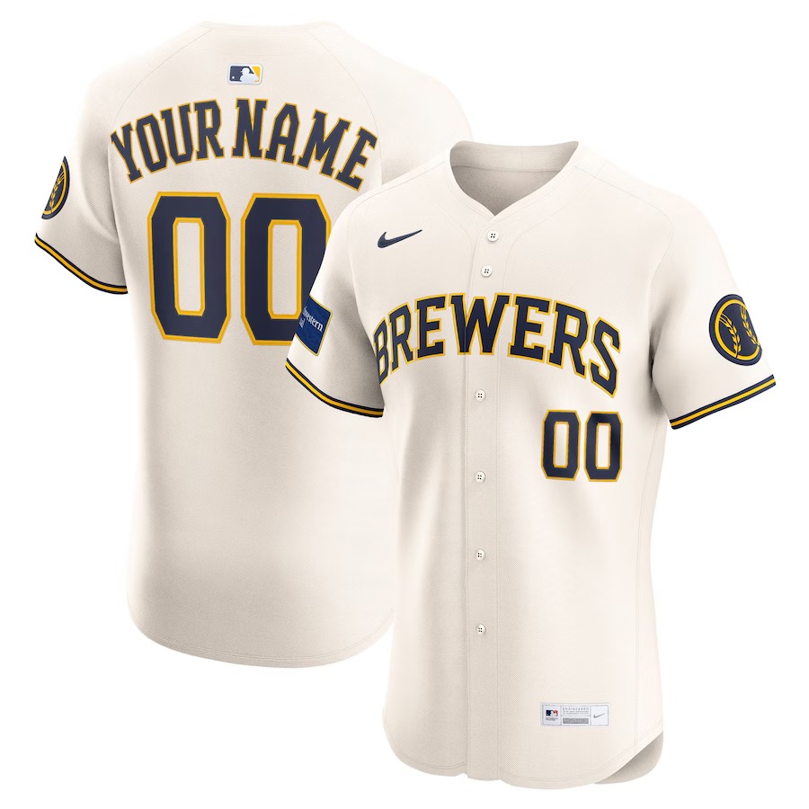 Men's Milwaukee Brewers Nike Cream Home Elite Sponsor Patch Custom Jersey