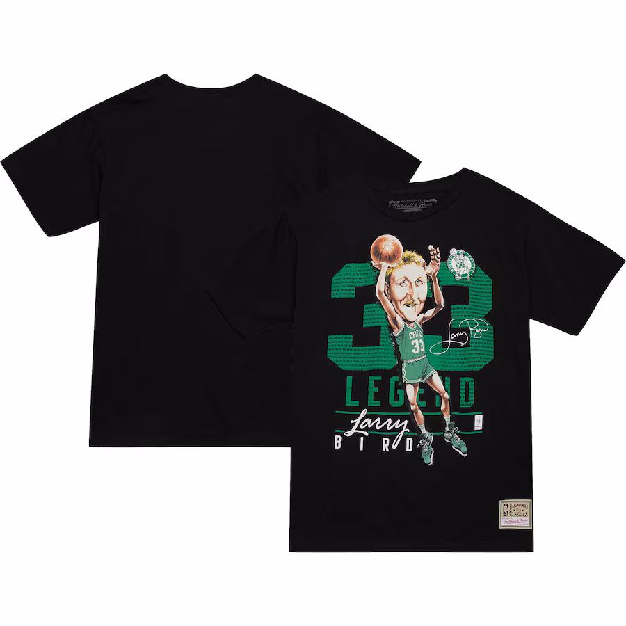 Men's Boston Celtics Larry Bird Mitchell & Ness Black Hardwood Classics Caricature T-Shirt