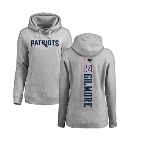 Football Women's New England Patriots #24 Stephon Gilmore Ash Backer Pullover Hoodie