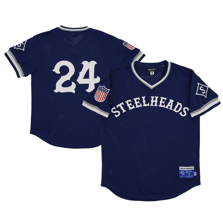 Men's Seattle Steelheads #24 Rings & Crwns Navy Mesh Replica V-Neck Jersey