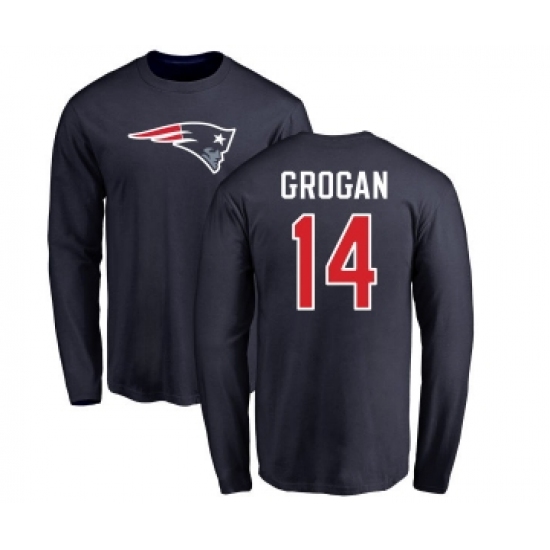Football New England Patriots #14 Steve Grogan Navy Blue Name & Number Logo Long Sleeve T-Shirt