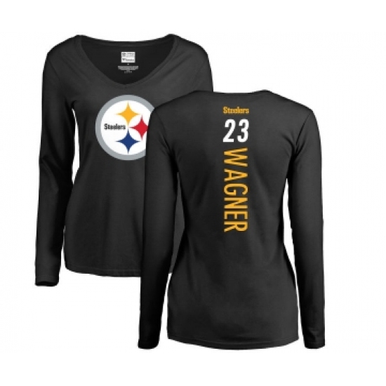 Football Women's Pittsburgh Steelers #23 Mike Wagner Black Backer Slim Fit Long Sleeve T-Shirt