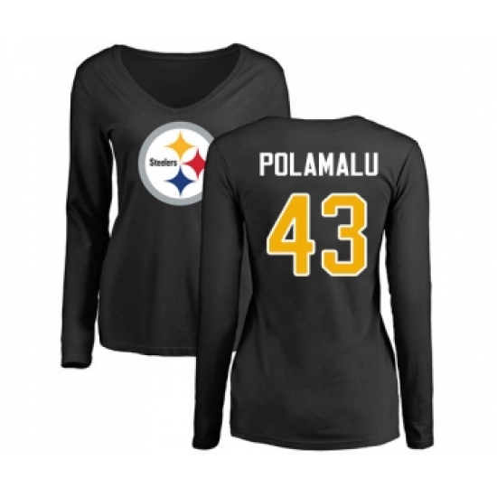 Football Women's Pittsburgh Steelers #43 Troy Polamalu Black Name & Number Logo Slim Fit Long Sleeve T-Shirt