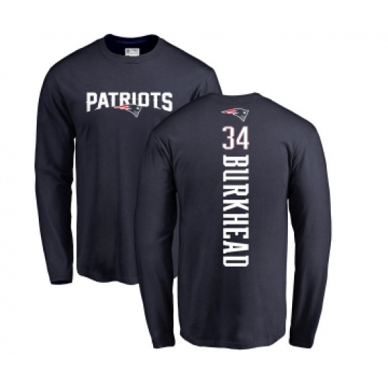Football New England Patriots #34 Rex Burkhead Navy Blue Backer Long Sleeve T-Shirt