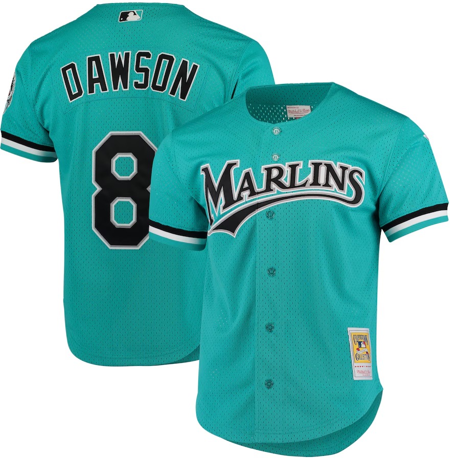 Men's Florida Marlins Andre Dawson Mitchell & Ness Teal Cooperstown Collection Mesh Batting Practice Button-Up Jersey