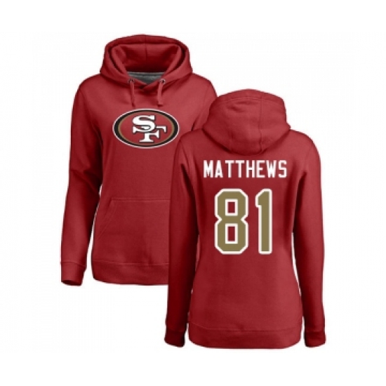Football Women's San Francisco 49ers #81 Jordan Matthews Red Name & Number Logo Pullover Hoodie