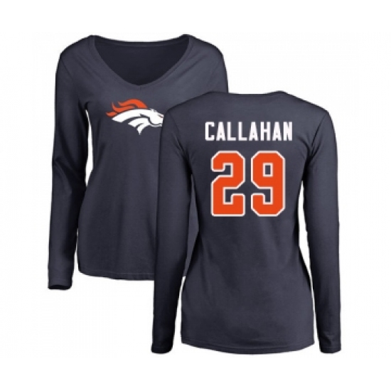 Football Women's Denver Broncos #29 Bryce Callahan Navy Blue Name & Number Logo Long Sleeve T-Shirt
