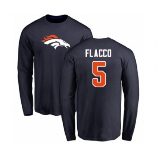 Football Denver Broncos #5 Joe Flacco Navy Blue Name & Number Logo Long Sleeve T-Shirt