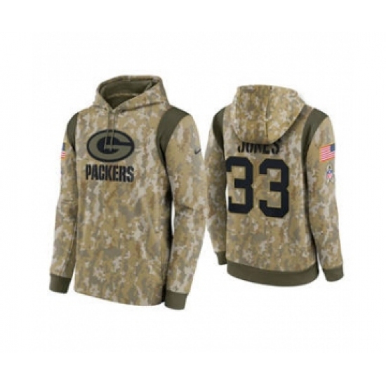 Men's Green Bay Packers #33 Aaron Jones Camo 2021 Salute To Service Therma Performance Pullover Football Hoodie