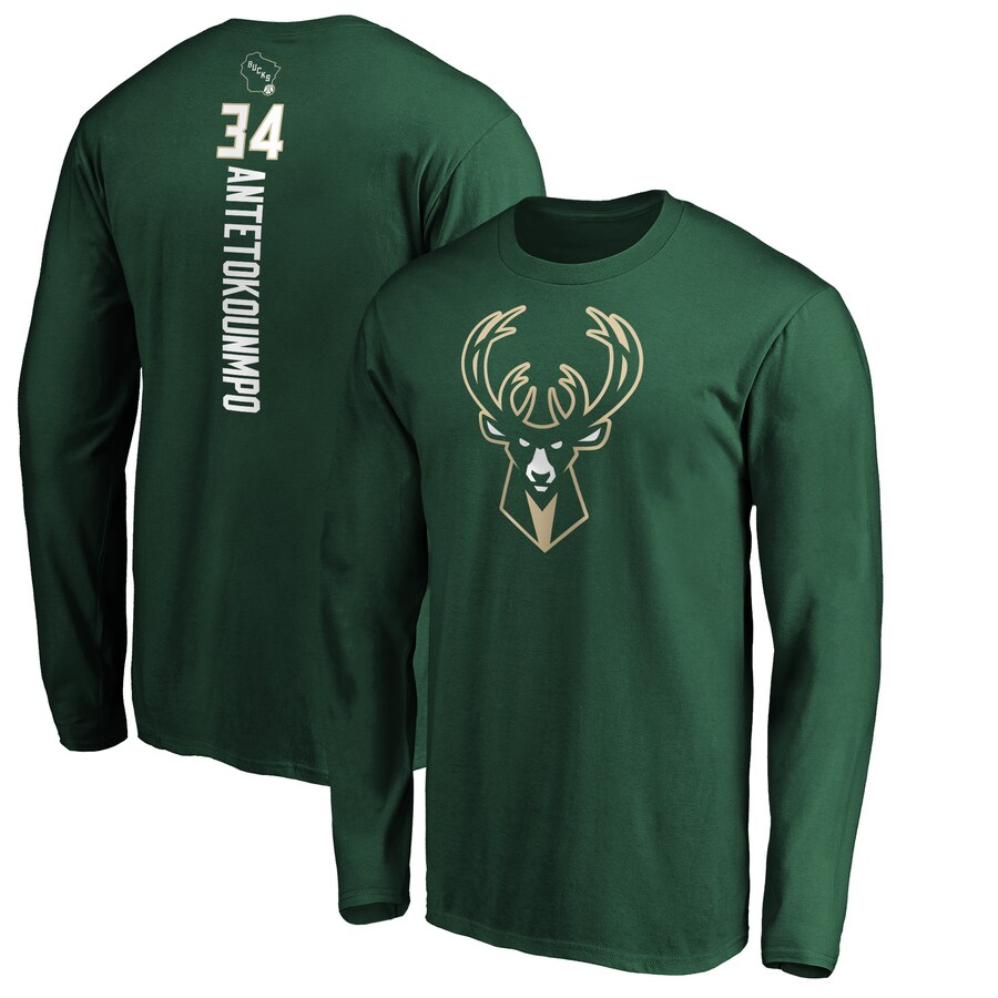 Men's Milwaukee Bucks Giannis Antetokounmpo Hunter Green Playmaker Name & Number Long Sleeve T-Shirt