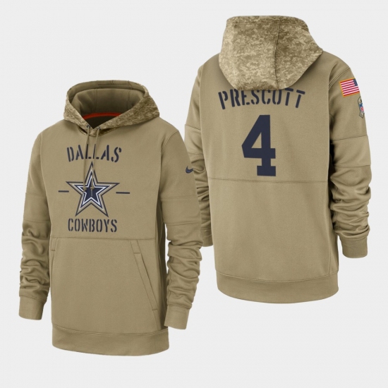 Men's Dallas Cowboys #4 Dak Prescott 2019 Salute to Service Sideline Therma Pullover Hoodie - Tan