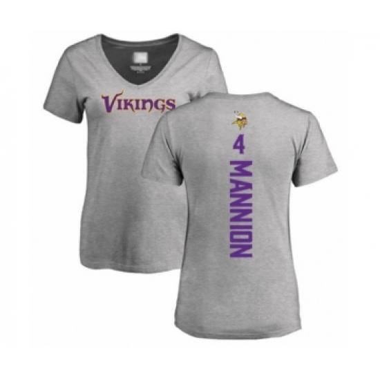 Football Women's Minnesota Vikings #4 Sean Mannion Ash Backer V-Neck T-Shirt