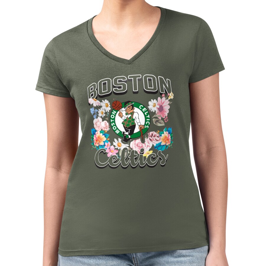 Women's Boston Celtics G-III 4Her by Carl Banks Olive Flowers Team Logo Graphic Fitted V-Neck T-Shirt