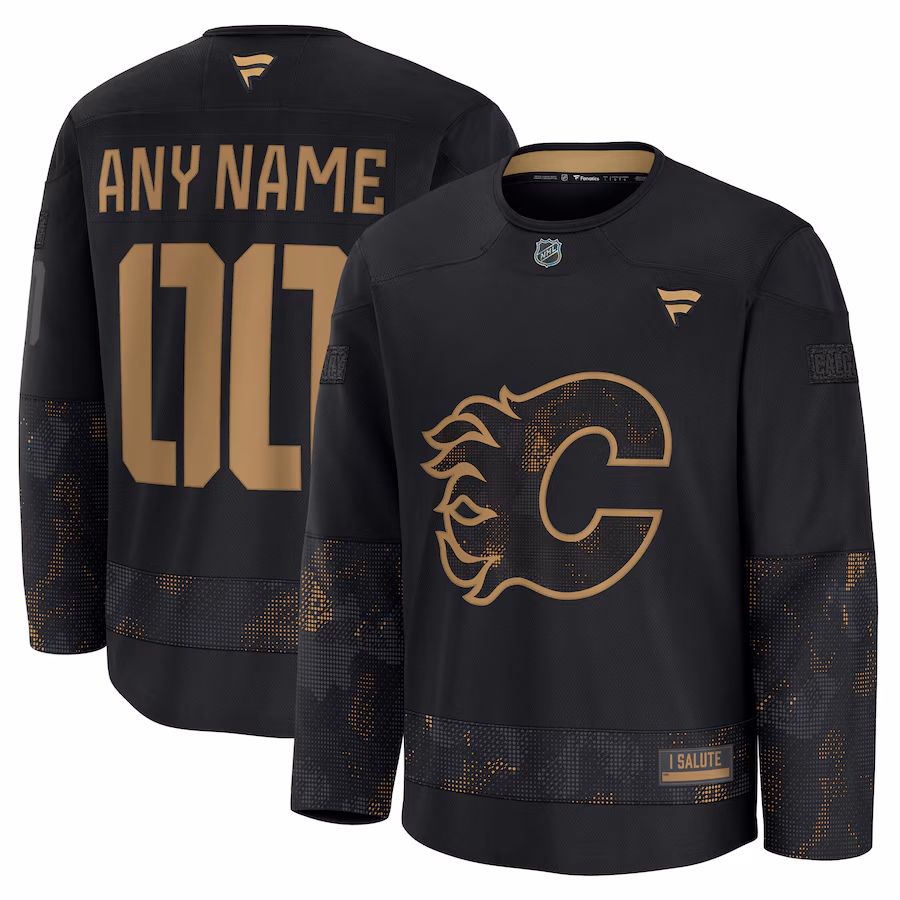 Men's Calgary Flames Fanatics Black 2024 Military Appreciation Personalized Long Sleeve Practice Jersey