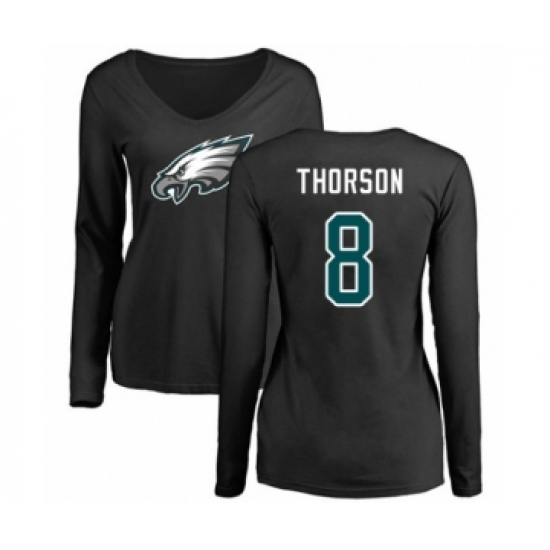 Women's Philadelphia Eagles #8 Clayton Thorson Black Name & Number Logo Slim Fit Long Sleeve T-Shirt.