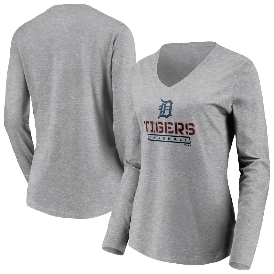 Women's Detroit Tigers Gray Evanston Stencil Long Sleeve V-Neck T-Shirt