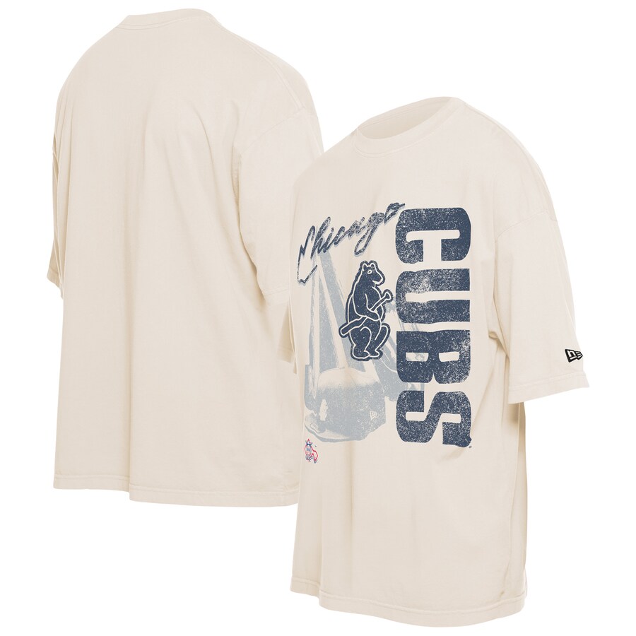Men's Chicago Cubs New Era Cream Cooperstown Collection Oversized Throwback Distressed T-Shirt