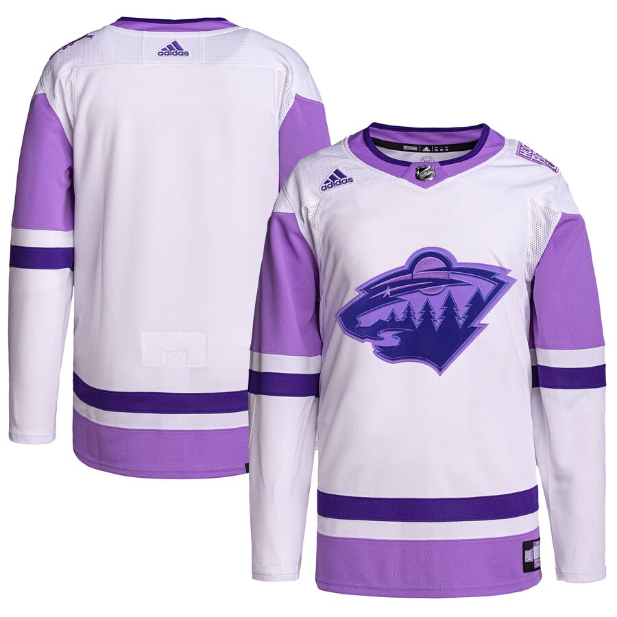 Men's Minnesota Wild adidas White/Purple Hockey Fights Cancer Primegreen Authentic Blank Practice Jersey