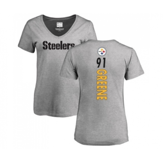 Football Women's Pittsburgh Steelers #91 Kevin Greene Ash Backer V-Neck T-Shirt