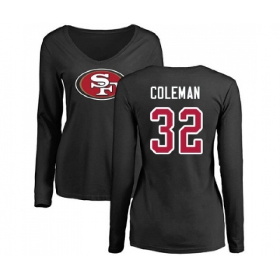 Football Women's San Francisco 49ers #32 Tevin Coleman Black Name & Number Logo Long Sleeve T-Shirt