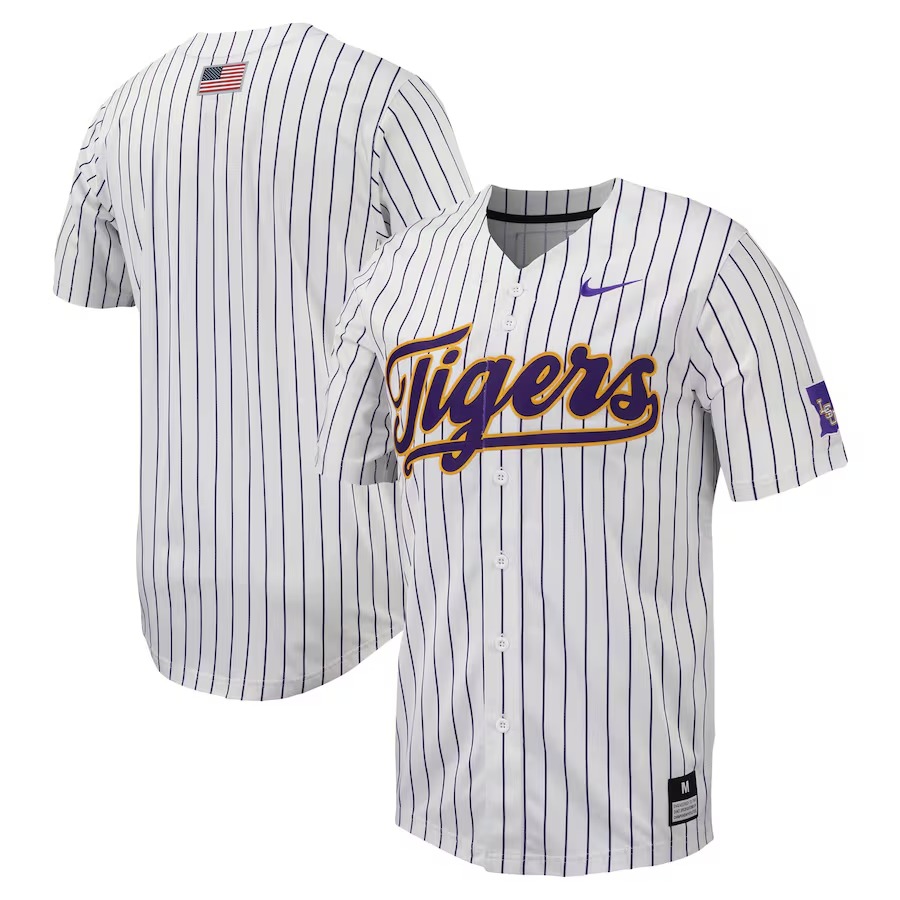 LSU Tigers Nike Pinstripe Replica Full-Button Baseball Jersey - White/Purple