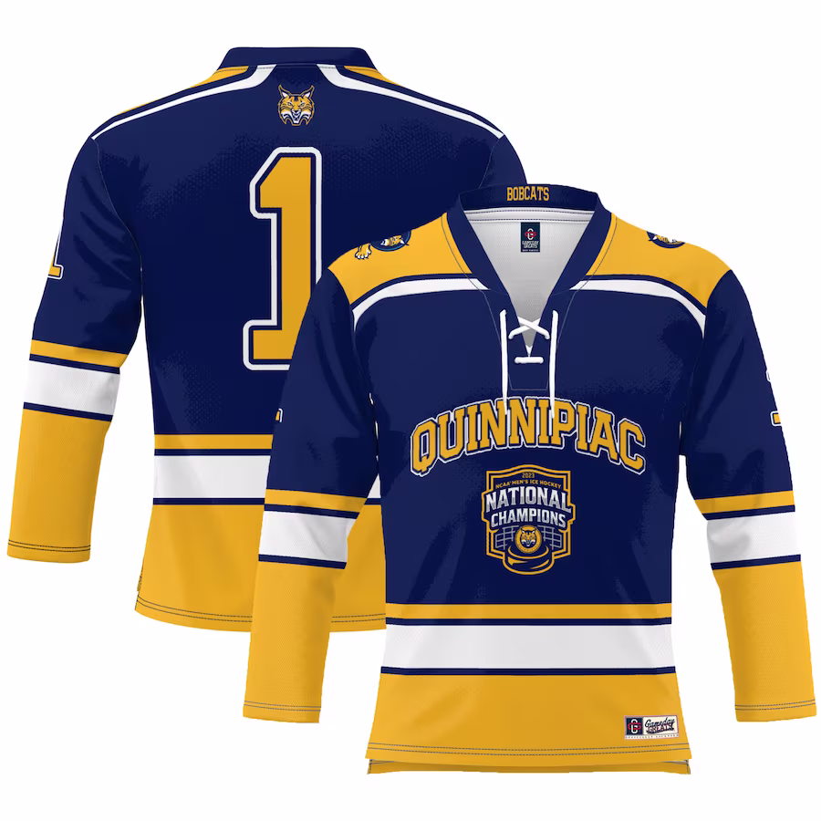 #1 Quinnipiac Bobcats GameDay Greats Youth 2023 NCAA Men's Ice Hockey National Champions Hockey Jersey - Navy