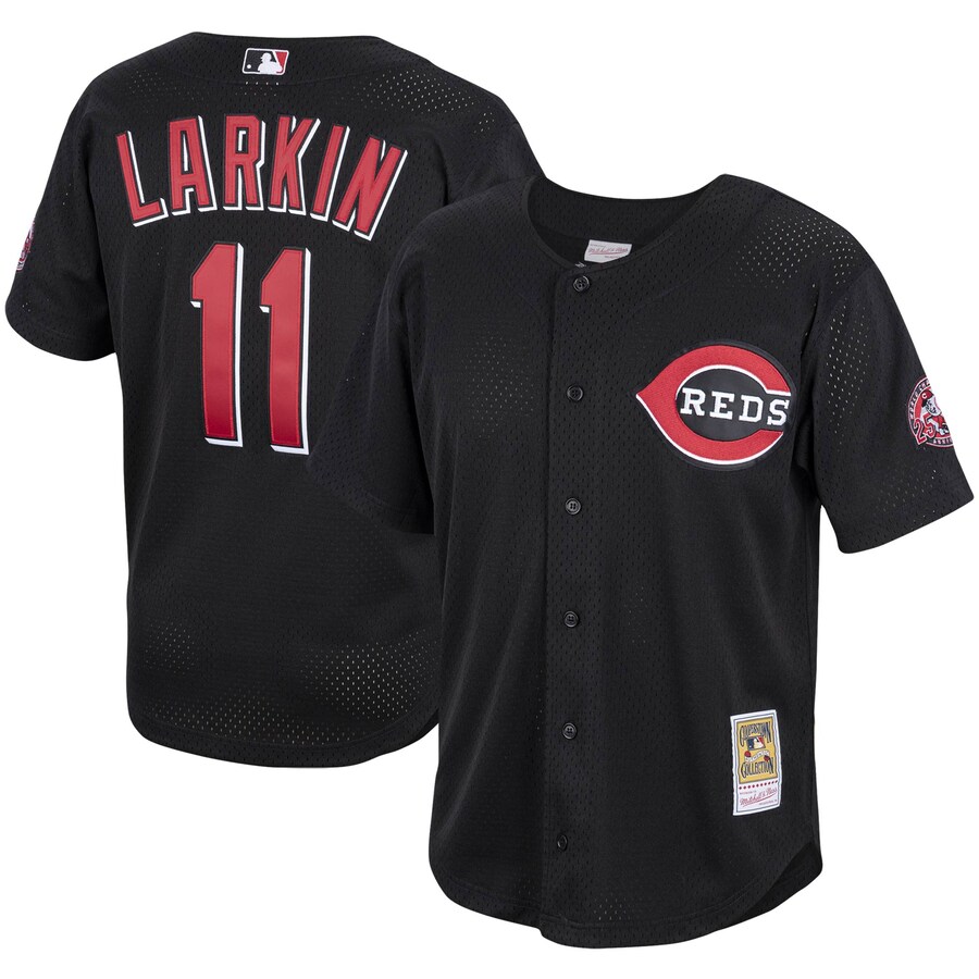 Men's Cincinnati Reds Barry Larkin Mitchell & Ness Black Cooperstown Collection Mesh Batting Practice Button-Up Jersey