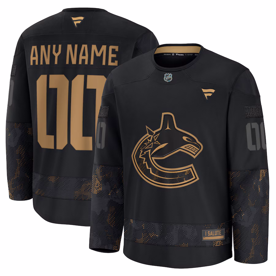 Men's Vancouver Canucks Fanatics Black 2024 Military Appreciation Personalized Long Sleeve Practice Jersey