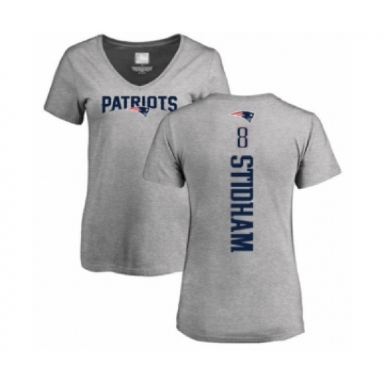 Football Women's New England Patriots #8 Jarrett Stidham Ash Backer V-Neck T-Shirt