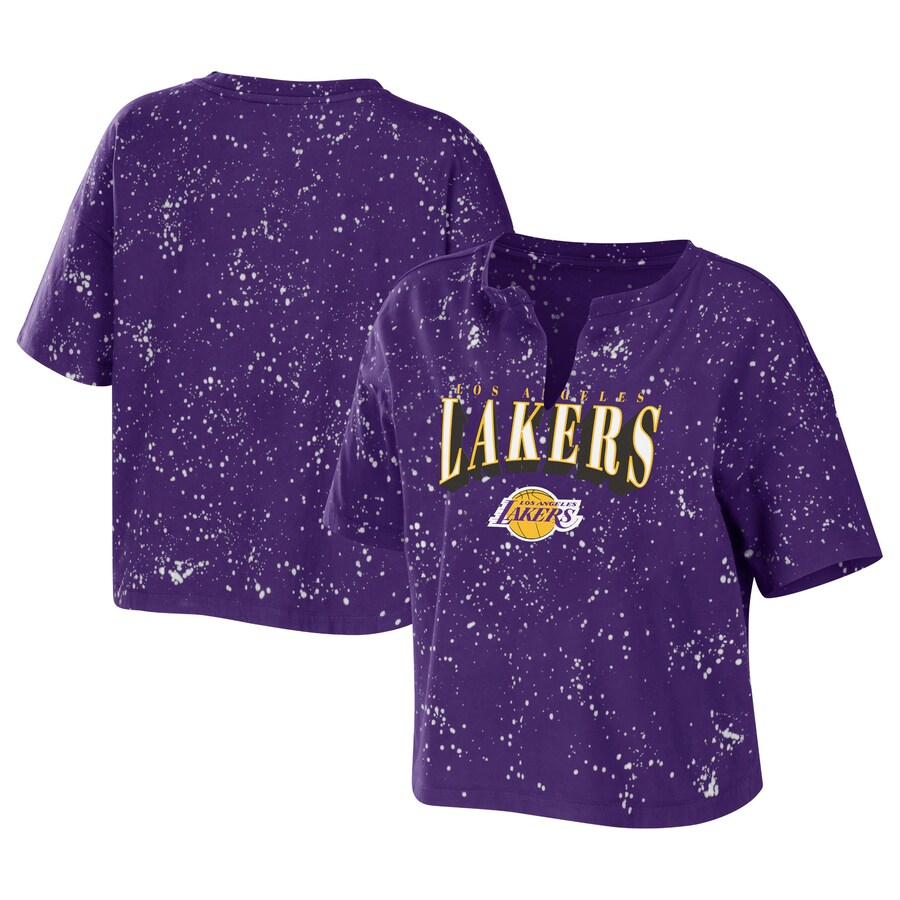 Women's Los Angeles Lakers WEAR by Erin Andrews Purple Bleach Splatter Notch Neck T-Shirt