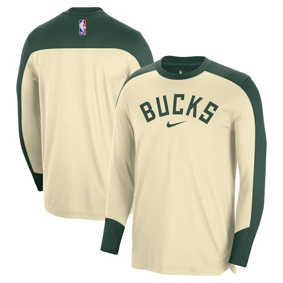 Men's Milwaukee Bucks Nike Cream 2024/25 Authentic Pre-Game Legend Long Sleeve Shooting Shirt
