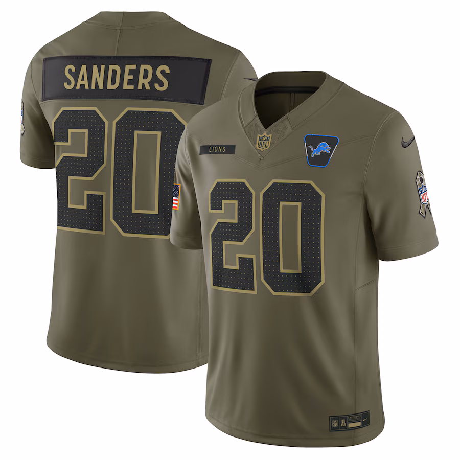 Men's Detroit Lions Barry Sanders Nike Olive 2025 Salute to Service Retired Limited Jersey