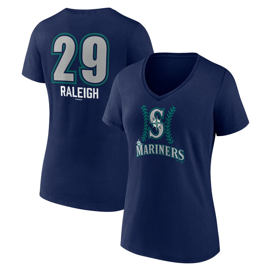 Women's Seattle Mariners Cal Raleigh Navy Name & Number Fastball V-Neck T-Shirt