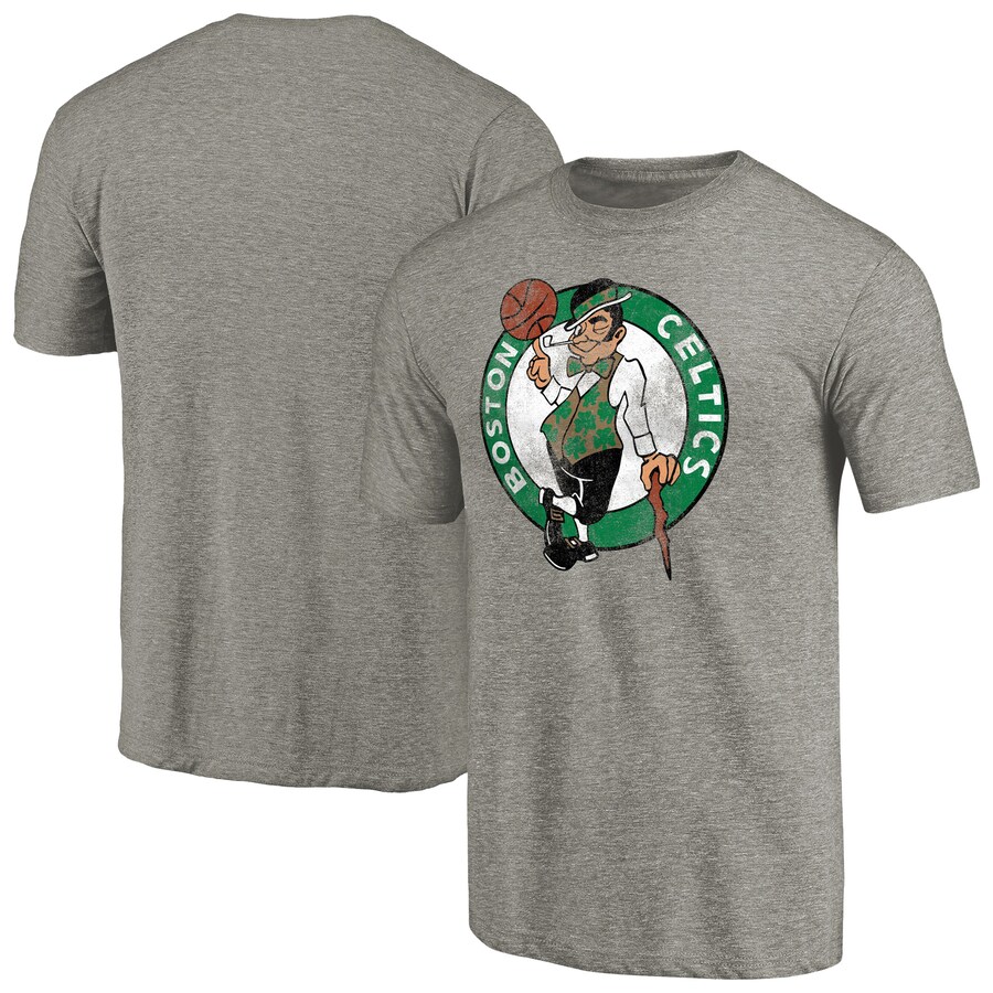 Men's Boston Celtics Heathered Gray Distressed Team Logo 2 Tri-Blend V-Neck T-Shirt