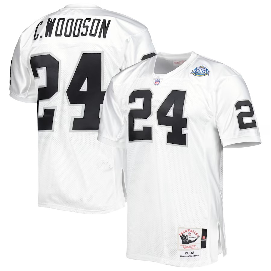 Men's Las Vegas Raiders 2002 Charles Woodson Mitchell & Ness White Authentic Throwback Retired Player Jersey