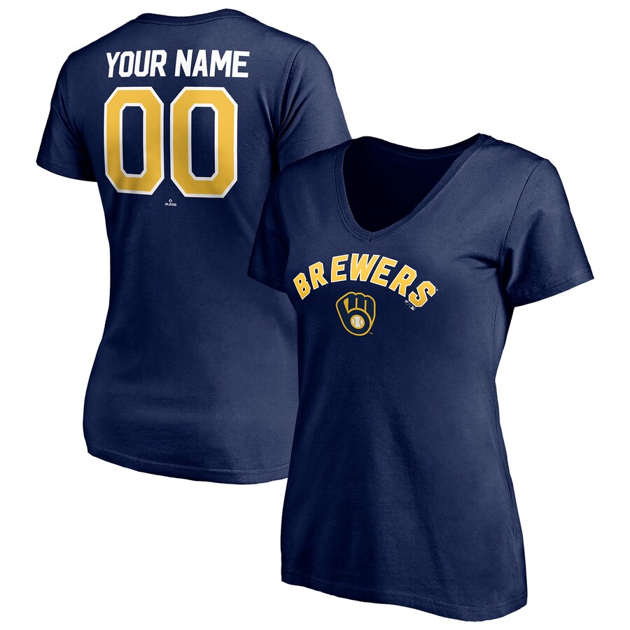 Women's Milwaukee Brewers Navy Personalized Winning Streak Name & Number V-Neck T-Shirt
