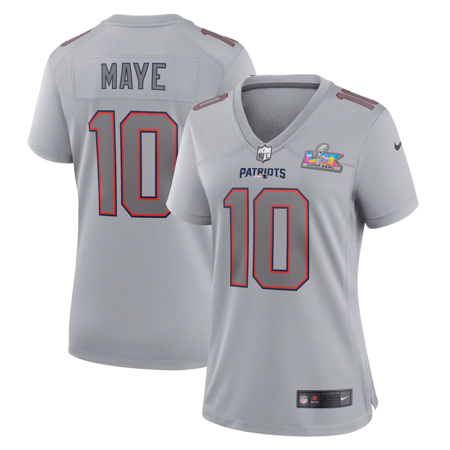 Women's New England Patriots Drake Maye Nike Silver Super Bowl LX Patch Atmosphere Fashion Game Jersey