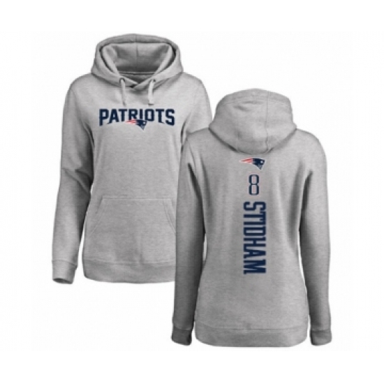 Football Women's New England Patriots #8 Jarrett Stidham Ash Backer Pullover Hoodie