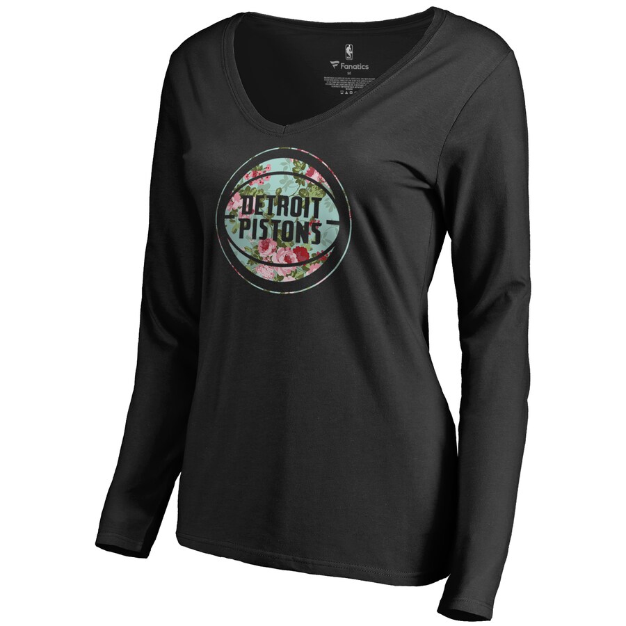 Women's Detroit Pistons Black Lovely V-Neck Long Sleeve T-Shirt