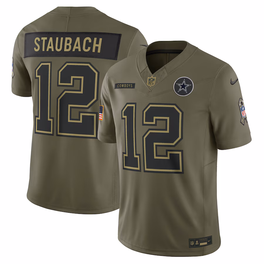 Men's Dallas Cowboys Roger Staubach Nike Olive 2025 Salute to Service Retired Limited Jersey