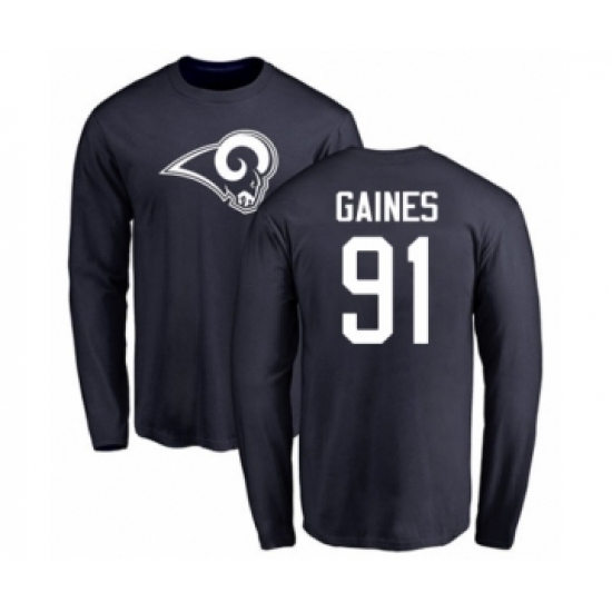 Football Los Angeles Rams #91 Greg Gaines Navy Blue Name & Number Logo Long Sleeve T-Shirt