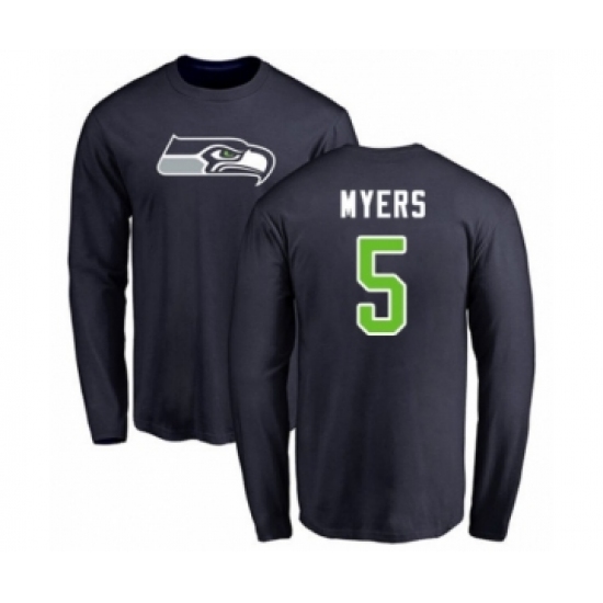 Football Seattle Seahawks #5 Jason Myers Navy Blue Name & Number Logo Long Sleeve T-Shirt