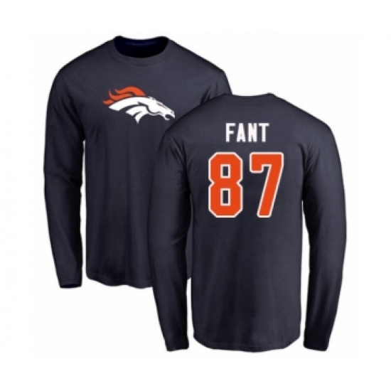 Football Denver Broncos #87 Noah Fant Navy Blue Name & Number Logo Long Sleeve T-Shirt